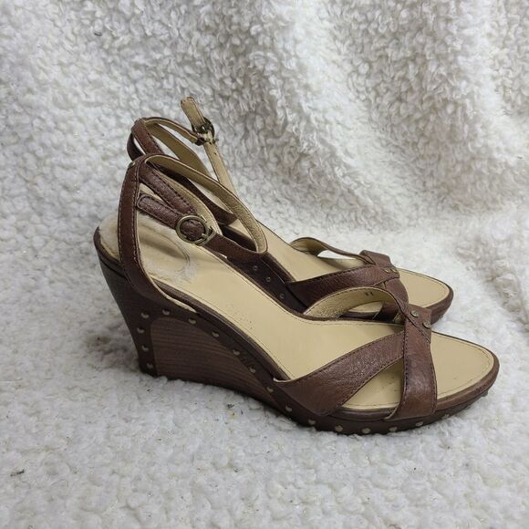 UGG Lourdes Brown Leather Strappy Stacked Wedges sz 8‎ - Picture 1 of 7